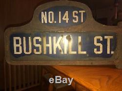 1910s BUSHKILL & NO. 14 Street Humpback Porcelain Pennsylvania Corner Street Sign
