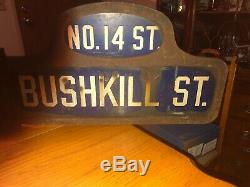 1910s BUSHKILL & NO. 14 Street Humpback Porcelain Pennsylvania Corner Street Sign