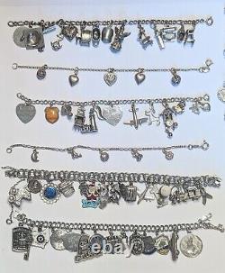 6 Sterling Silver Vintage Charm Bracelets Lot 1970's + Modern Charms 288 Gms