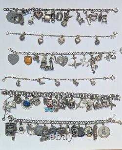 6 Sterling Silver Vintage Charm Bracelets Lot 1970's + Modern Charms 288 Gms