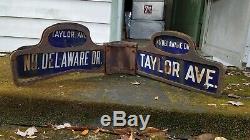 Antique Cast Iron Humpback Porcelain Corner Street Sign Taylor Delaware Vintage