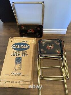 Cal Dak Metal TV Trays FOLDING withStand Wagon Stagecoach Set of 4 Black Red w Box