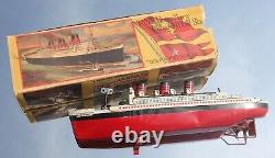 Cunard White Star Line Rms Queen Mary C-1936 Tin Clockwork Boxed Model Ship