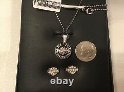 HARLEY DAVIDSON Sterling Silver Crystal Bar & Shield Necklace & Earrings in Box
