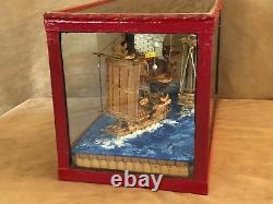Miniature Chinese sailing boat diorama in box vintage model Junk wood ship