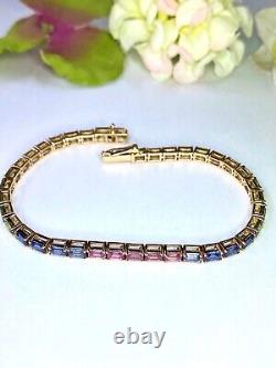 Natural 14Ct Multi Color Sapphire Prong Set 7 Luxury Tennis Bracelet 925 Silver