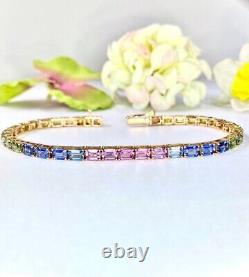 Natural 14Ct Multi Color Sapphire Prong Set 7 Luxury Tennis Bracelet 925 Silver