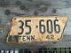 Obsolete RARE State Shaped Tennessee 1942 License Plate #35-606 + C Corner Tag