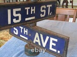 Vintage Porcelain Corner Street Sign 5th Ave. And 15th St. 1930's 1940's 1950's